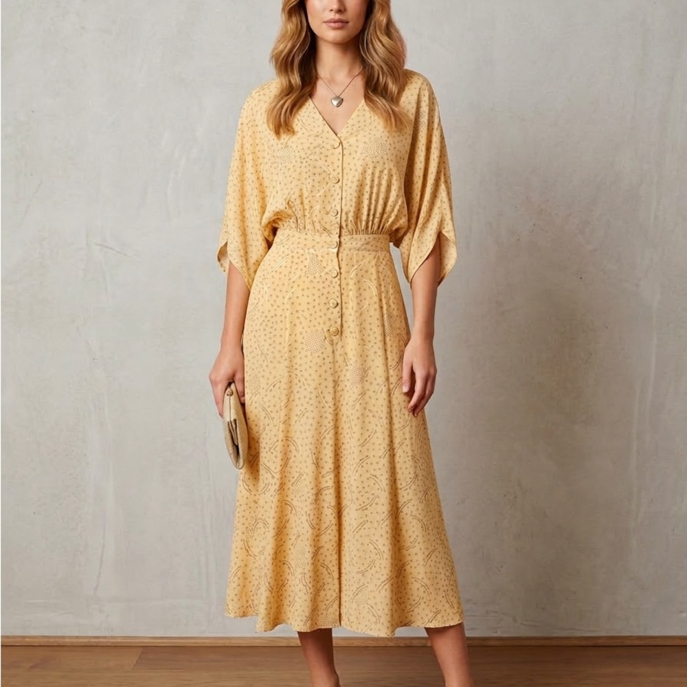 Vintage yellow polka dot midi silk dress with button up front, Romantic,cottage